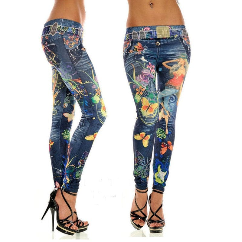 Teonclothingshop Imitation Denim Printed Leggings