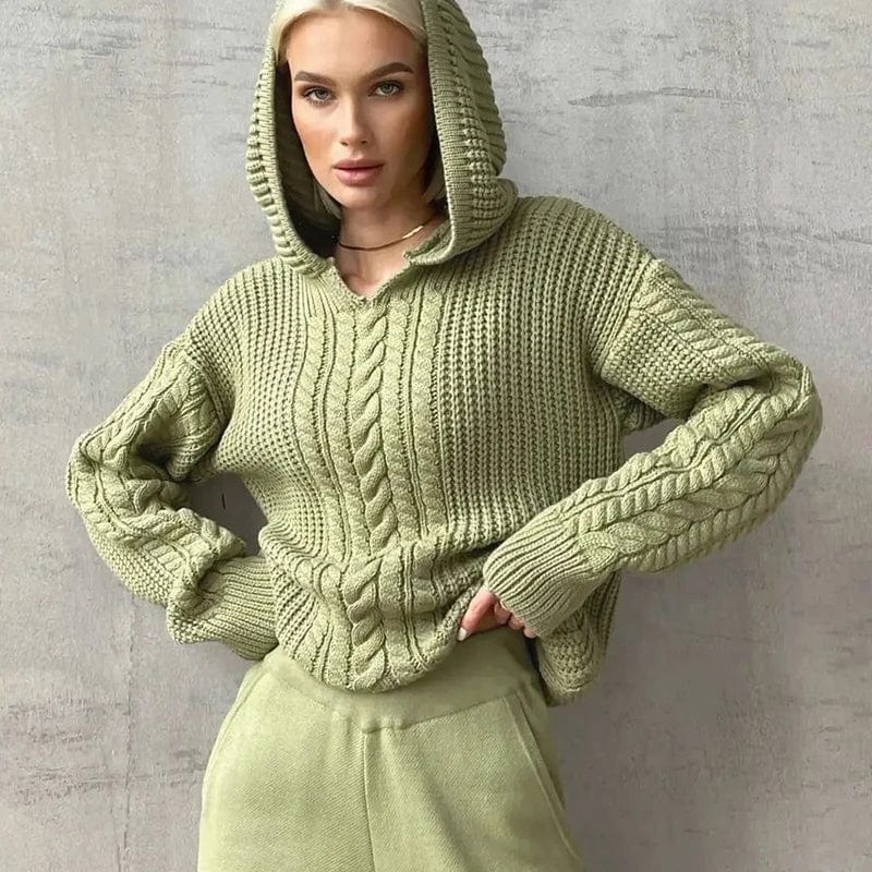 Teonclothingshop Knitted solid color pullover top with hood