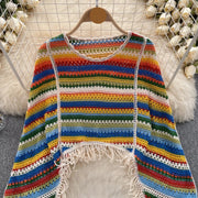 Teonclothingshop Knitted summer tees, hollow design with tassels