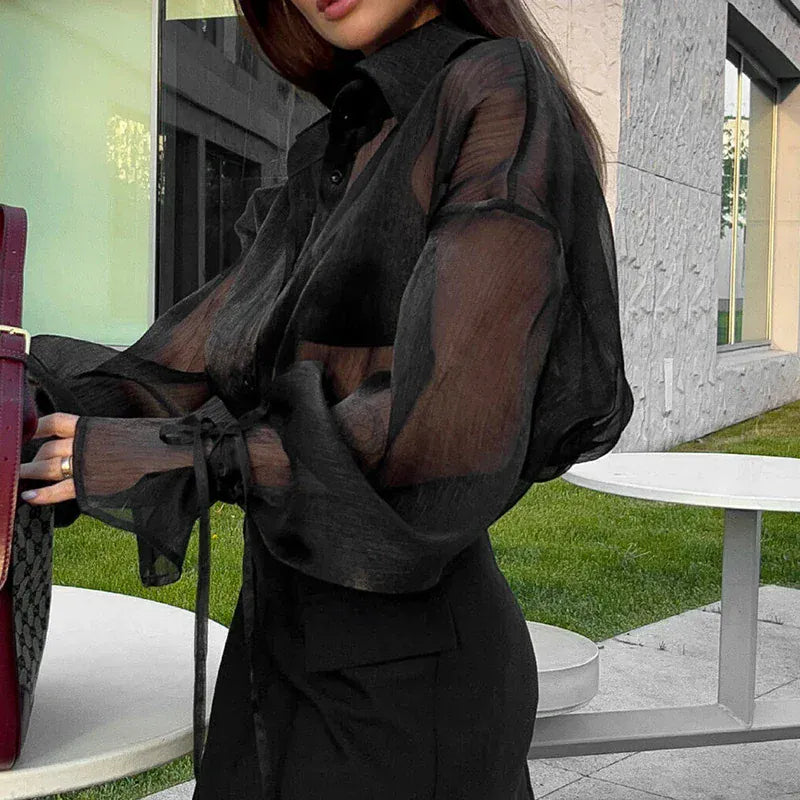 Lace Up Sheer Blouse Women