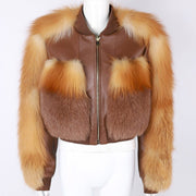 Teonclothingshop Ladies Genuine Leather Jacket Women Real Fox Fur Sleeve Lambskin Coat