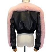 Teonclothingshop Ladies Genuine Leather Jacket Women Real Fox Fur Sleeve Lambskin Coat