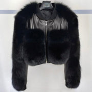 Teonclothingshop Ladies Genuine Leather Jacket Women Real Fox Fur Sleeve Lambskin Coat