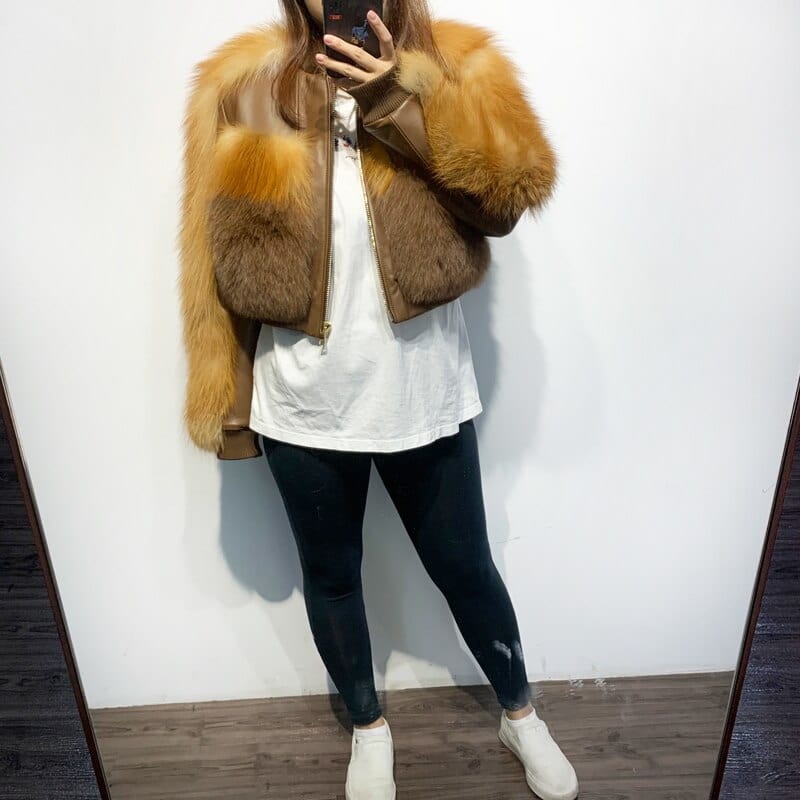 Teonclothingshop Ladies Genuine Leather Jacket Women Real Fox Fur Sleeve Lambskin Coat