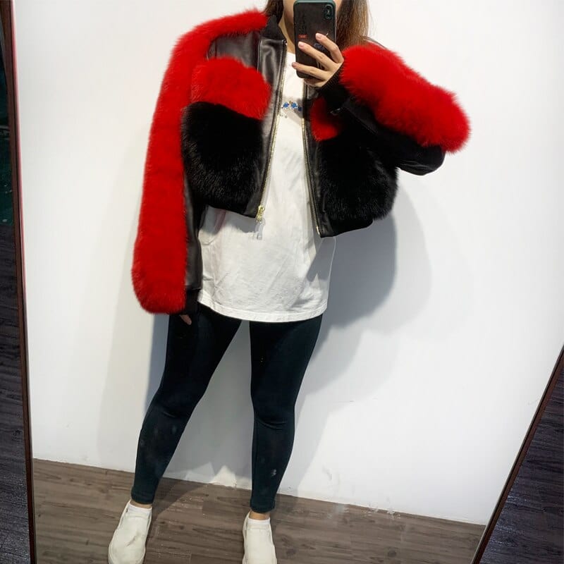 Teonclothingshop Ladies Genuine Leather Jacket Women Real Fox Fur Sleeve Lambskin Coat