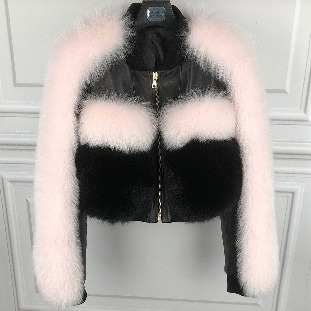 Teonclothingshop Ladies Genuine Leather Jacket Women Real Fox Fur Sleeve Lambskin Coat