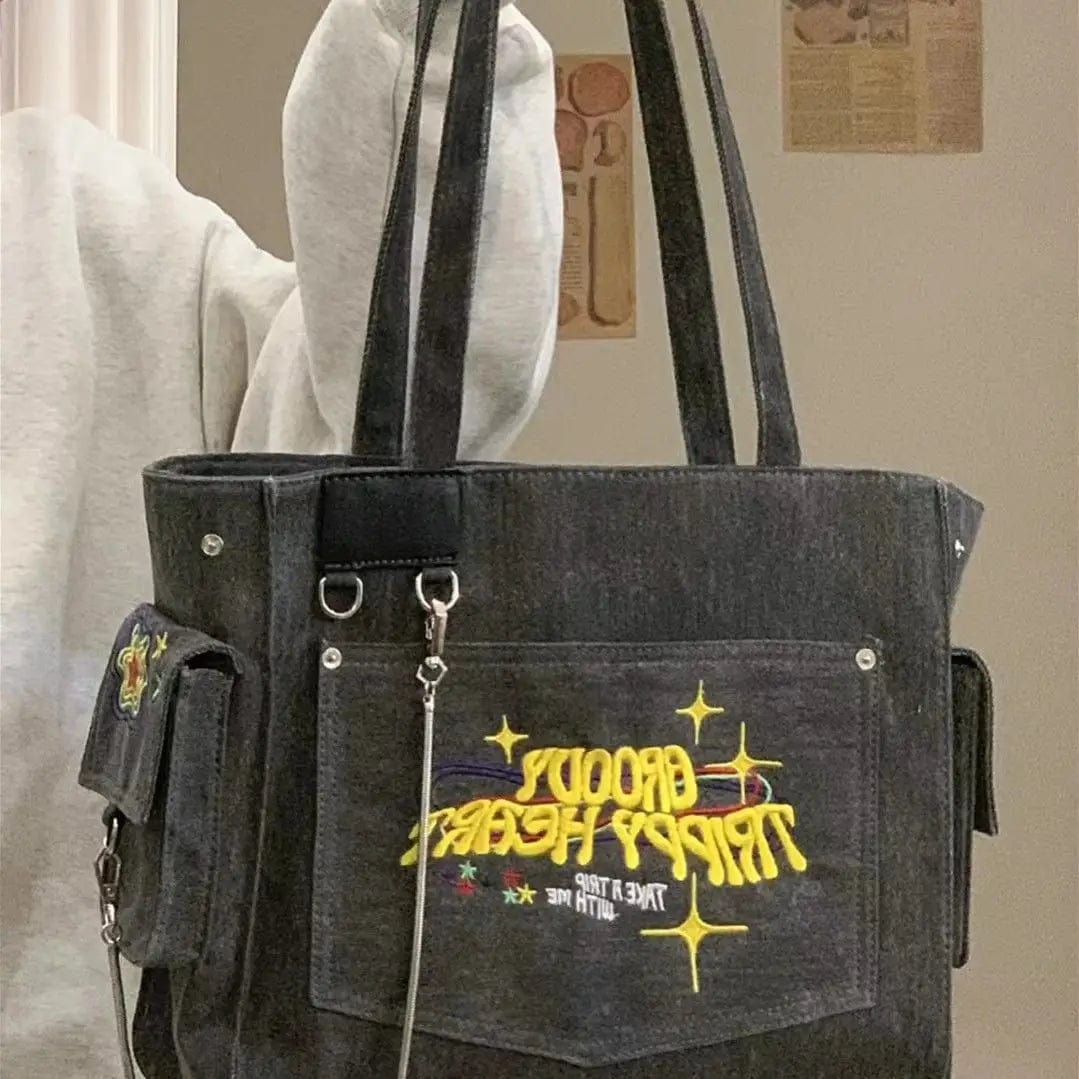 Teonclothingshop Large capacity bag with embroidered letters in washed canvas