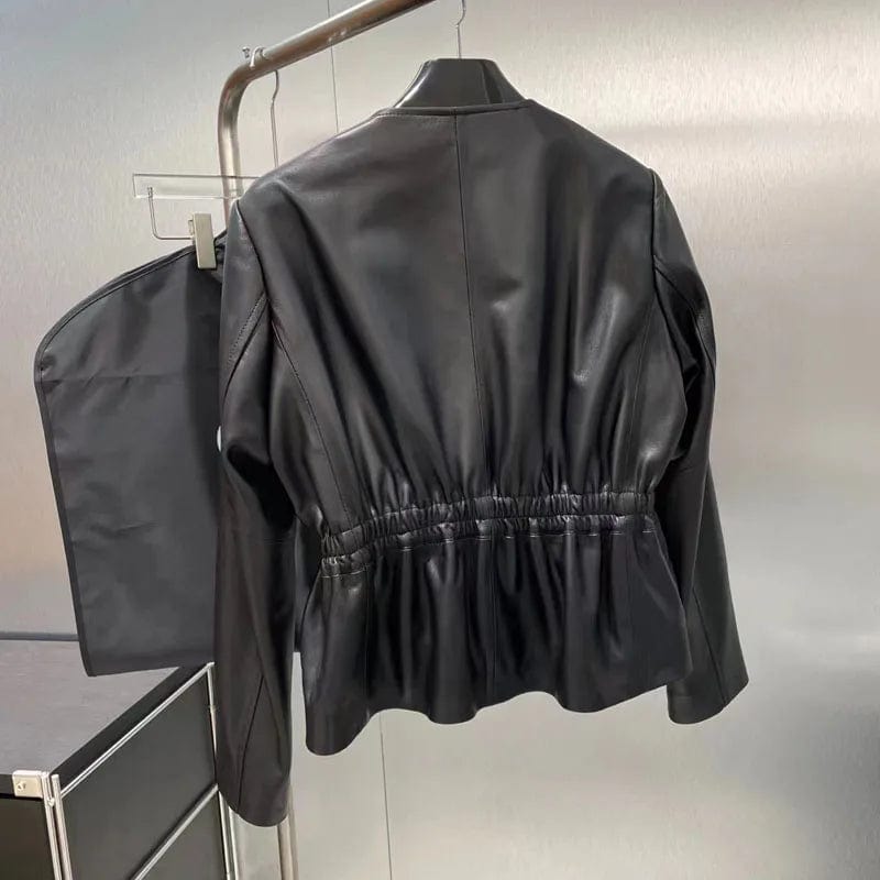 Teonclothingshop Leather jacket O-neck and collar, spring waisted style