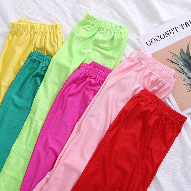 Teonclothingshop Leggings Shiny Elastic Casual Pants Fluorescent Spandex Candy Knit Ankle Bottoms