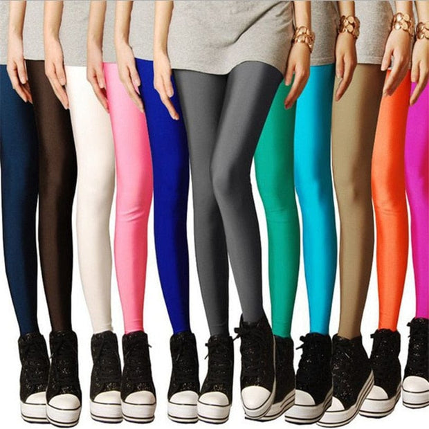 Teonclothingshop Leggings Shiny Elastic Casual Pants Fluorescent Spandex Candy Knit Ankle Bottoms