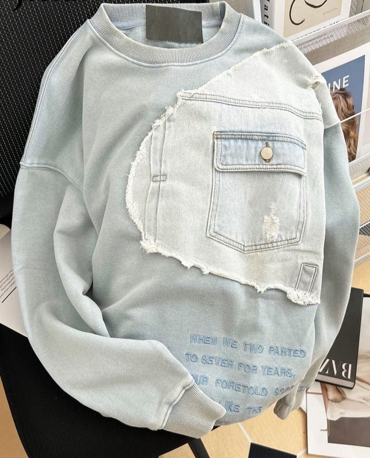 Teonclothingshop Light blue chic women's denim t-shirts Relaxed O-neck pullovers