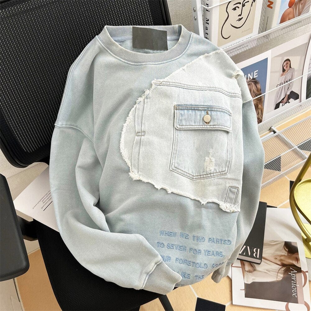 Teonclothingshop Light blue chic women's denim t-shirts Relaxed O-neck pullovers