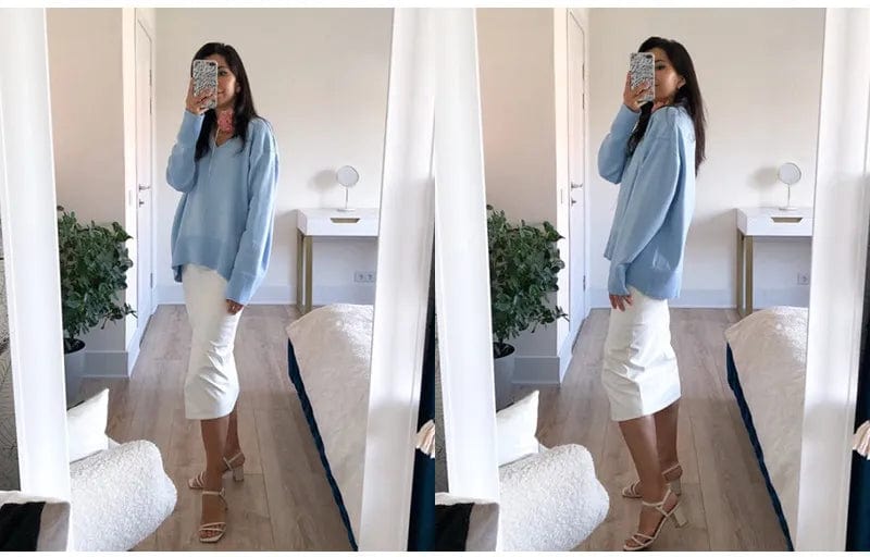 Teonclothingshop Light Blue V Neck Women's Sweater