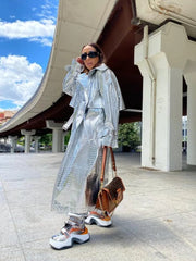 Teonclothingshop Long silver coat, raincoat made of artificial leather