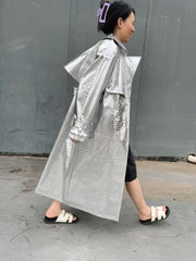 Teonclothingshop Long silver coat, raincoat made of artificial leather