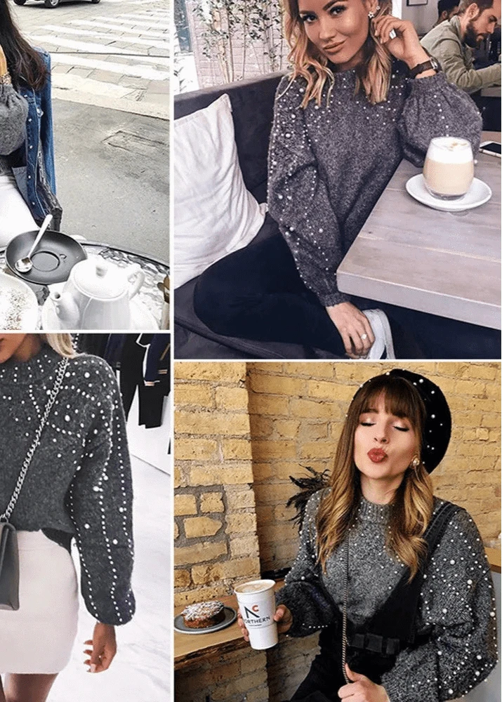 Woman in a sparkly gray sweater in various settings