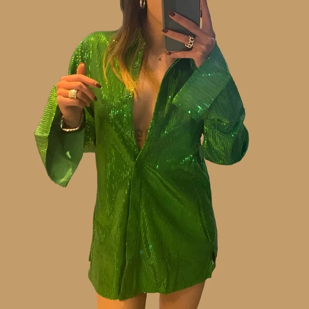 Teonclothingshop Green 1 / S Long-sleeved blouses with sequins