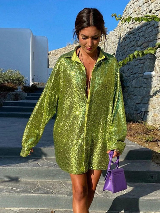 Teonclothingshop Green / S Long-sleeved blouses with sequins