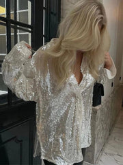 Teonclothingshop White / S Long-sleeved blouses with sequins