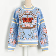 Teonclothingshop Luxury knitted winter sweaters, high quality floral crown embroidery