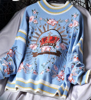 Teonclothingshop Luxury knitted winter sweaters, high quality floral crown embroidery