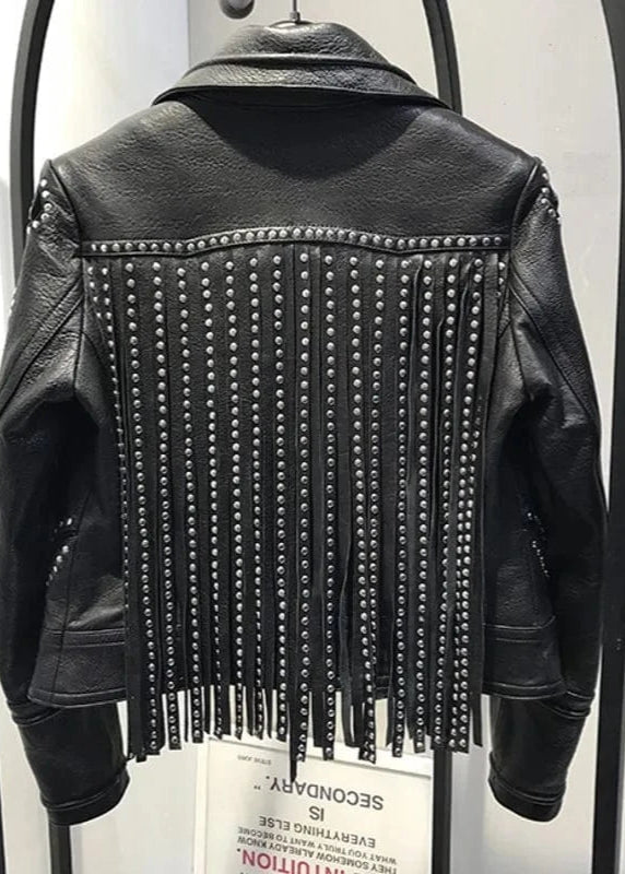 Teonclothingshop Luxury Rivet Tassel Leather Jacket