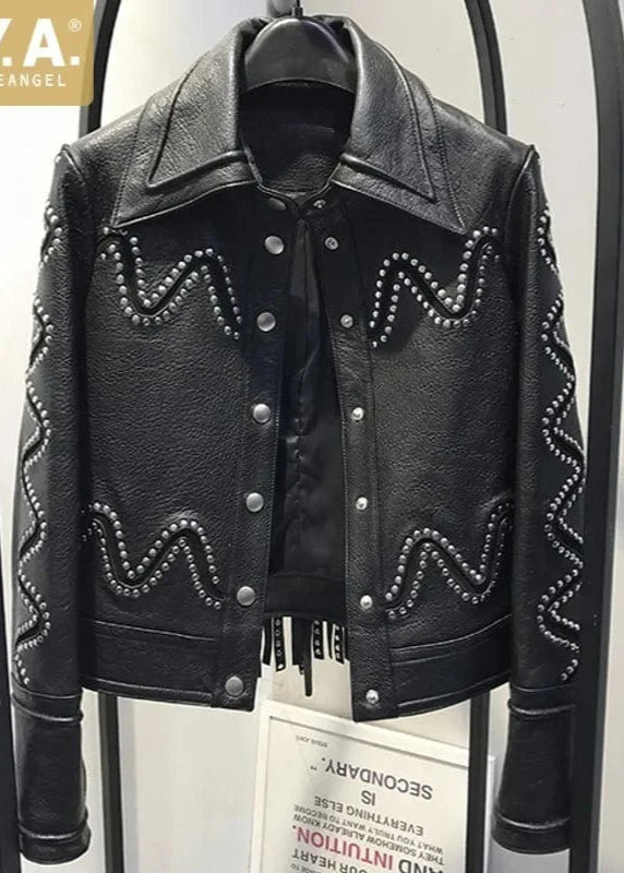 Teonclothingshop Luxury Rivet Tassel Leather Jacket