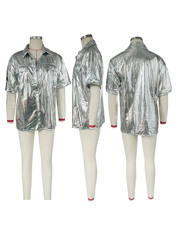 Teonclothingshop Metallic shiny shirt with an open collar