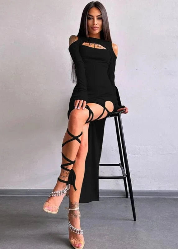 Modern women's dress with long sleeves and a neckline