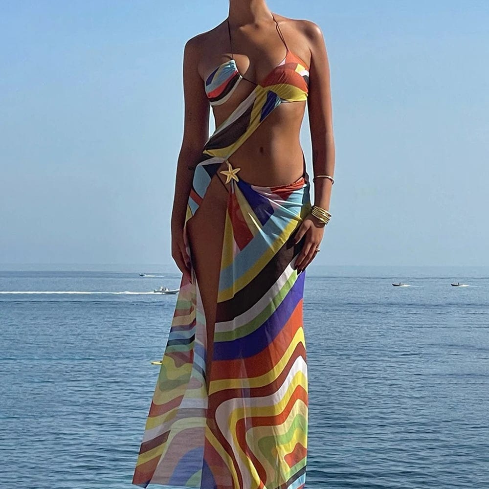 Teonclothingshop Multicolored women's swimsuit with colorful stripes