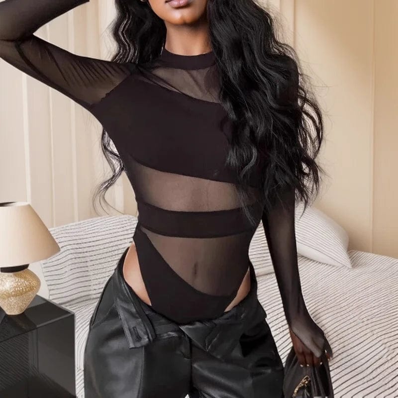 Teonclothingshop New fashion bodysuit with criss-cross hollow mesh neckline