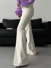 Teonclothingshop New Fluffy PU Leather Pants, Casual White High Waisted Skinny Pants