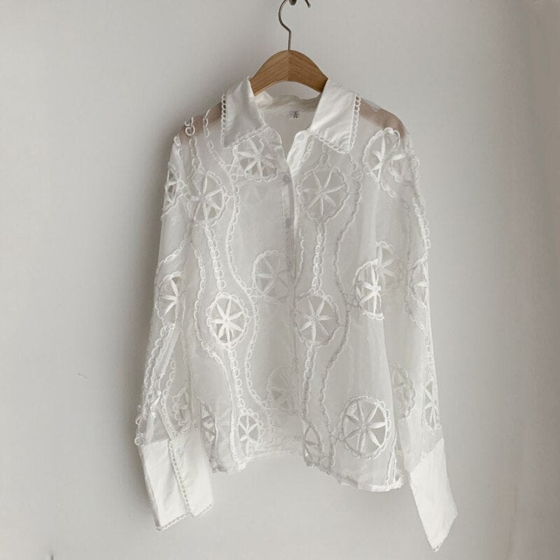 Teonclothingshop New Spring White Long Sleeve Blouse Women's Hollow Out Floral Embroidery T-shirts