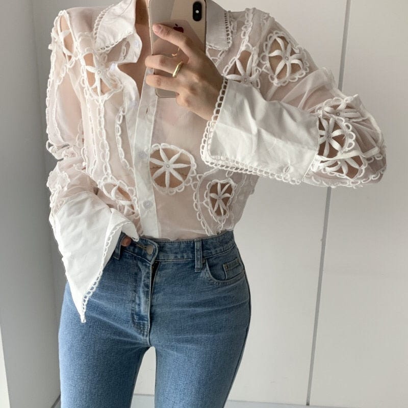 Teonclothingshop New Spring White Long Sleeve Blouse Women's Hollow Out Floral Embroidery T-shirts