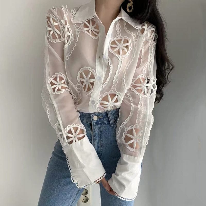 Teonclothingshop New Spring White Long Sleeve Blouse Women's Hollow Out Floral Embroidery T-shirts