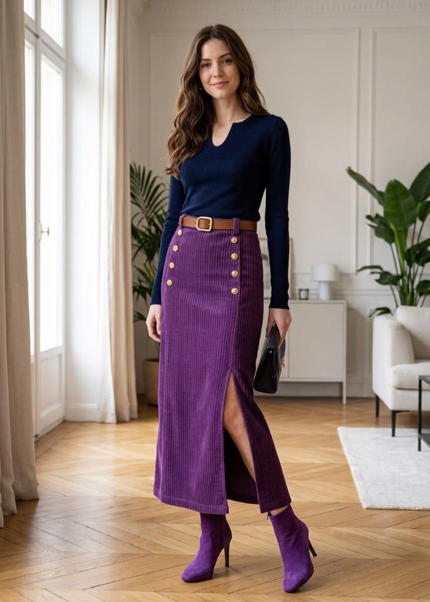 A woman models a long purple ribbed skirt with gold buttons and a front slit, paired with a navy long-sleeve top, brown belt, and purple heeled ankle boots in a bright room with wood floors.