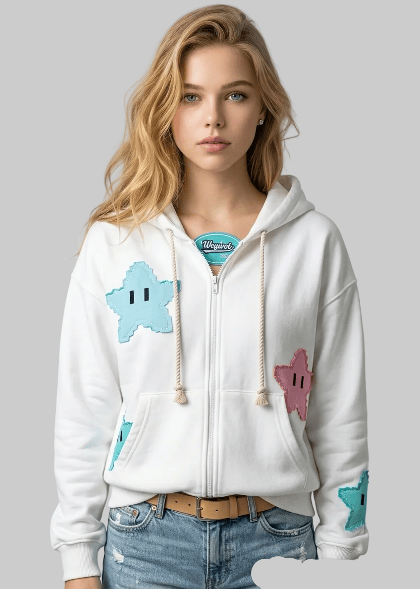 Person wearing a white hoodie with cartoon character designs on a gray background