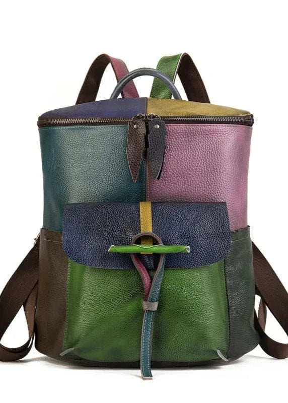 Multicolored backpack with a patchwork design on a white background