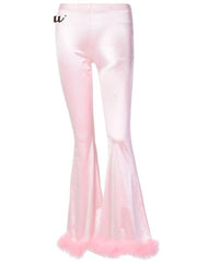 Teonclothingshop Pink Party Long Pants, Fluffy Satin Faux Fur, Women's Wide Leg Pants