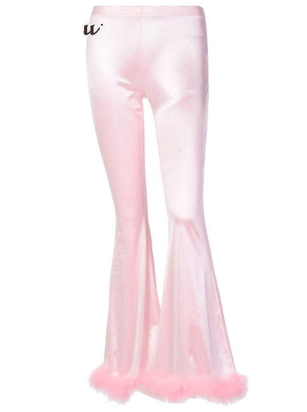Teonclothingshop Pink Party Long Pants, Fluffy Satin Faux Fur, Women's Wide Leg Pants