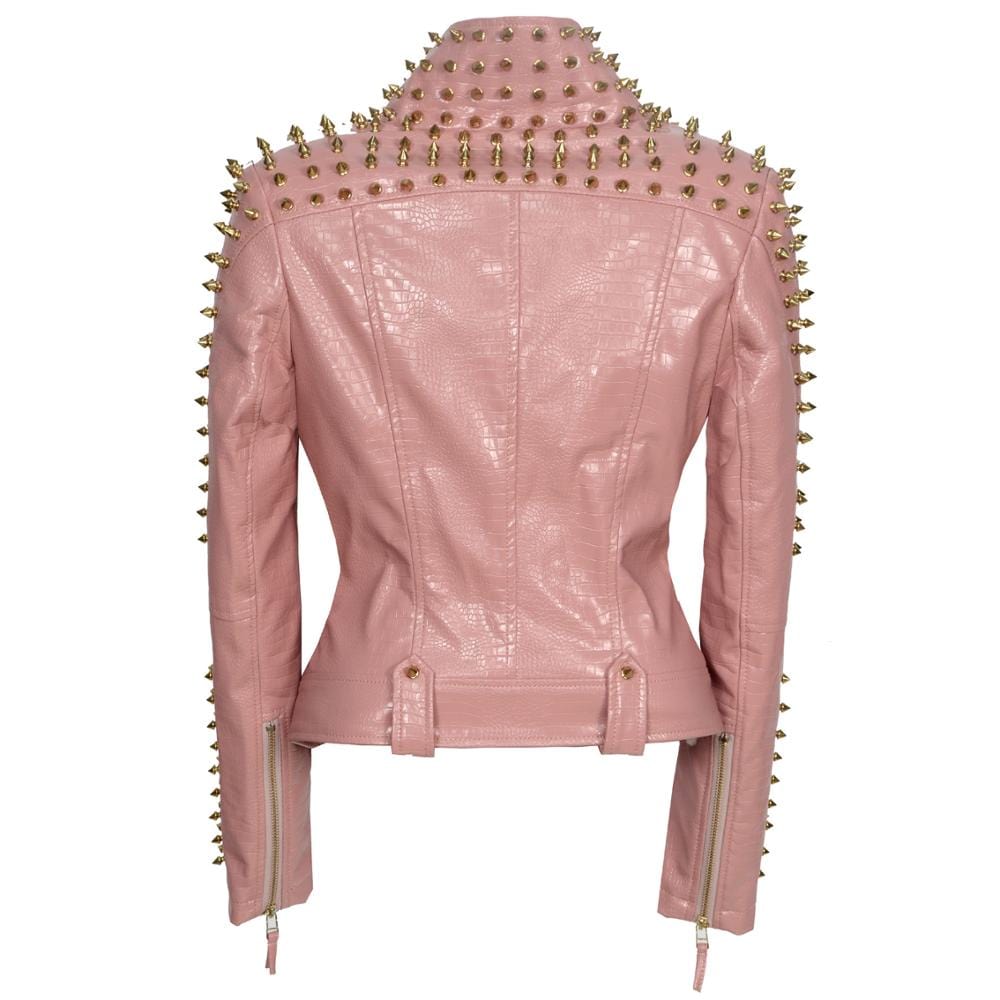 Teonclothingshop Pink PU leather jacket with gold rivets