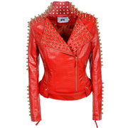 Teonclothingshop Pink PU leather jacket with gold rivets