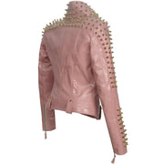 Teonclothingshop Pink PU leather jacket with gold rivets