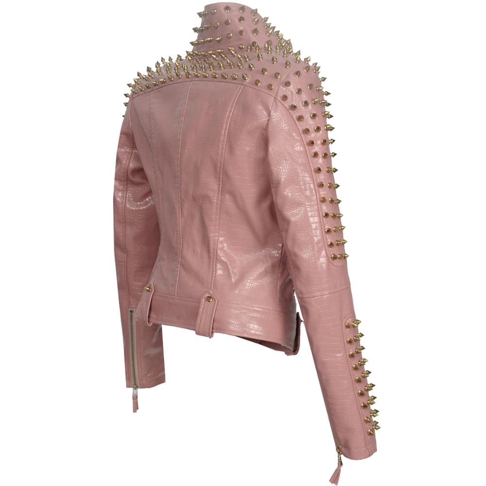 Teonclothingshop Pink PU leather jacket with gold rivets