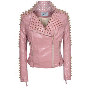 Teonclothingshop Pink PU leather jacket with gold rivets