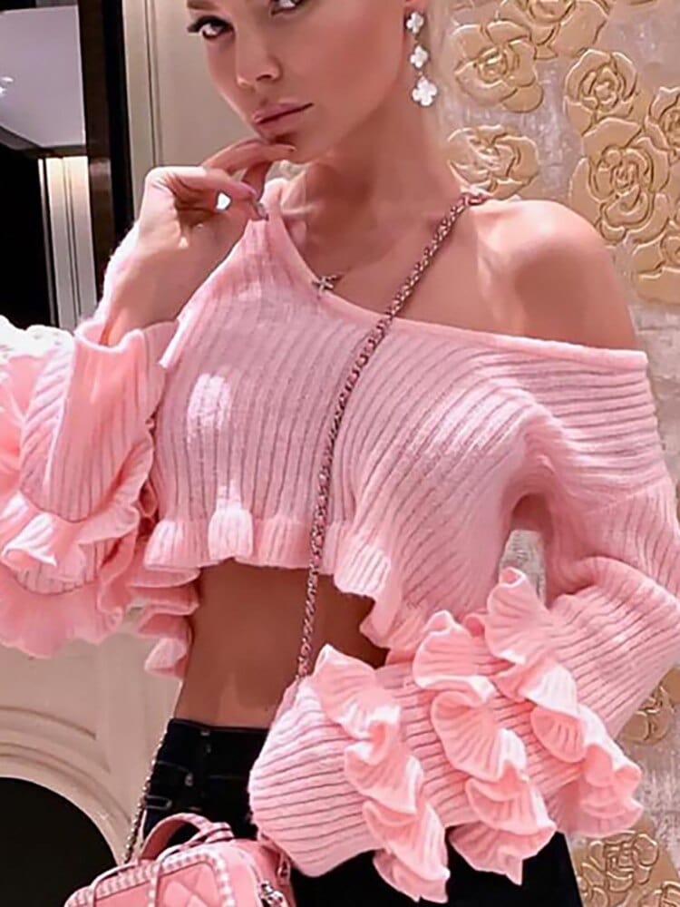 Teonclothingshop Pink Ruffled Knitted Sweater Women's Summer O-Neck Long Sleeve