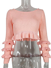 Teonclothingshop Pink Ruffled Knitted Sweater Women's Summer O-Neck Long Sleeve