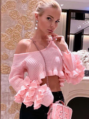 Teonclothingshop Pink Ruffled Knitted Sweater Women's Summer O-Neck Long Sleeve