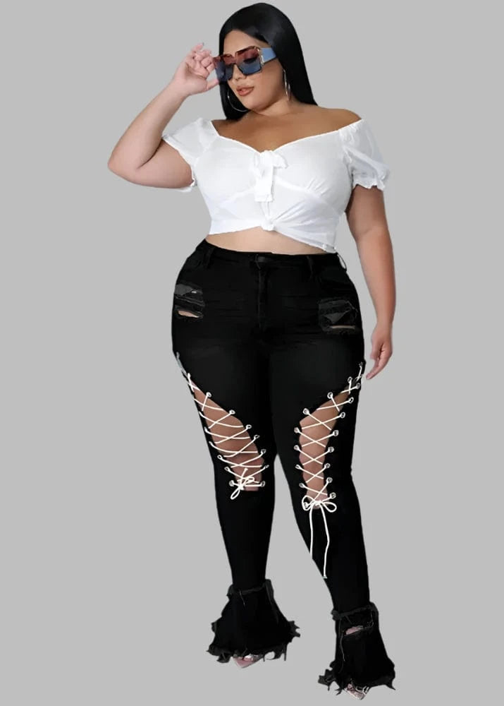 Plus Size Flared Jeans Women Bandage