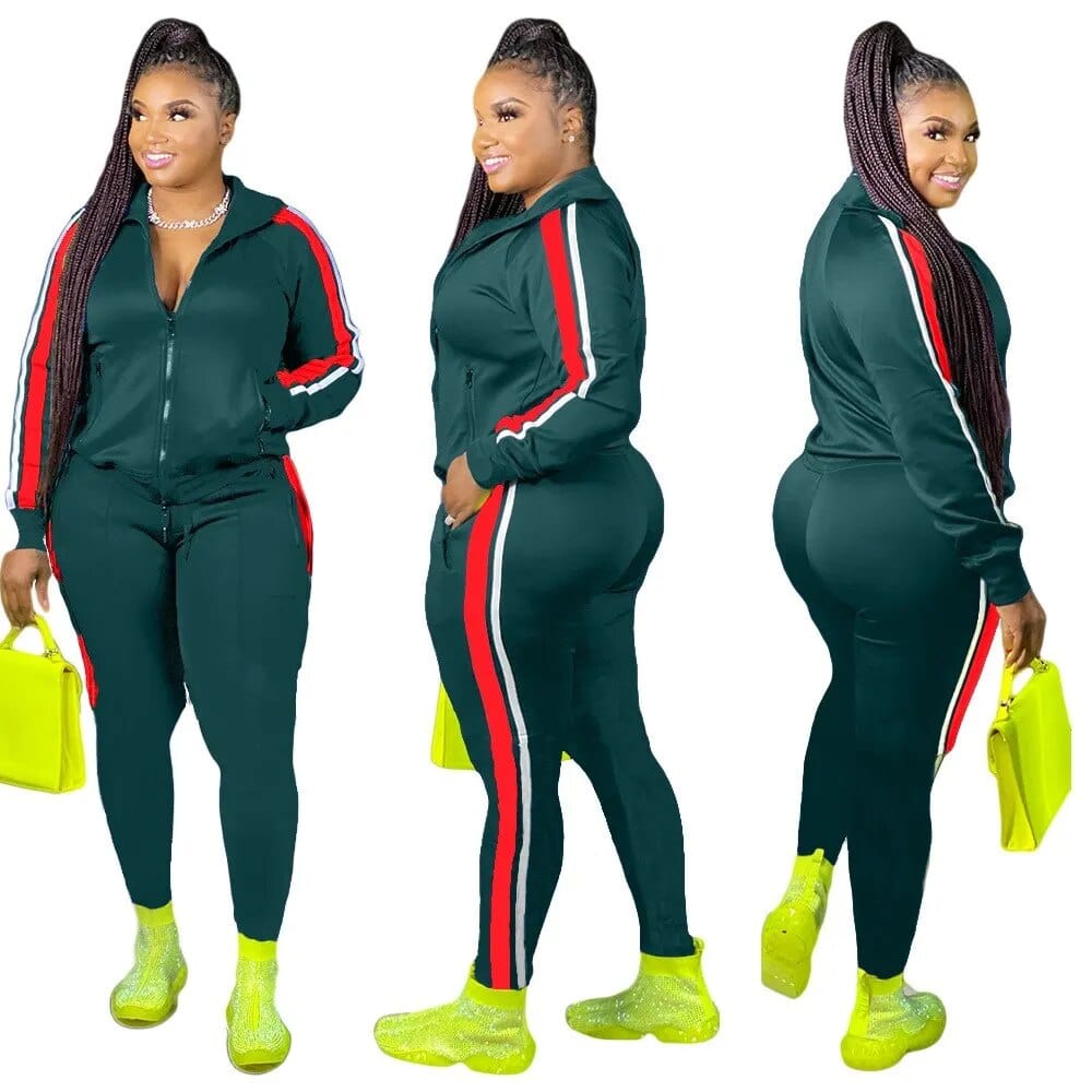 Teonclothingshop Plus Size Hooded Collar Patchwork Tracksuit Set Women